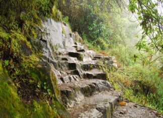 La aventura de subir al Huayna Picchu… con lluvia Escaleras de subida al Huayna Picchu