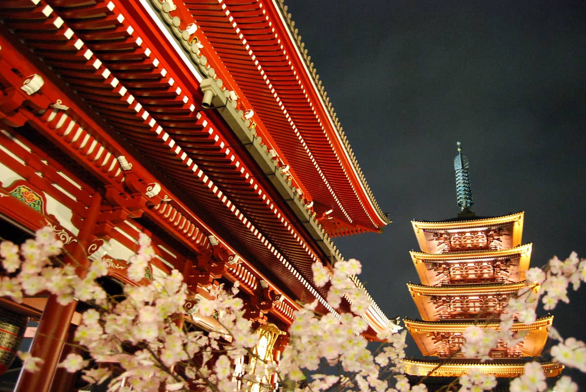 La pagoda del Templo Sensō-ji de Tokio de noche